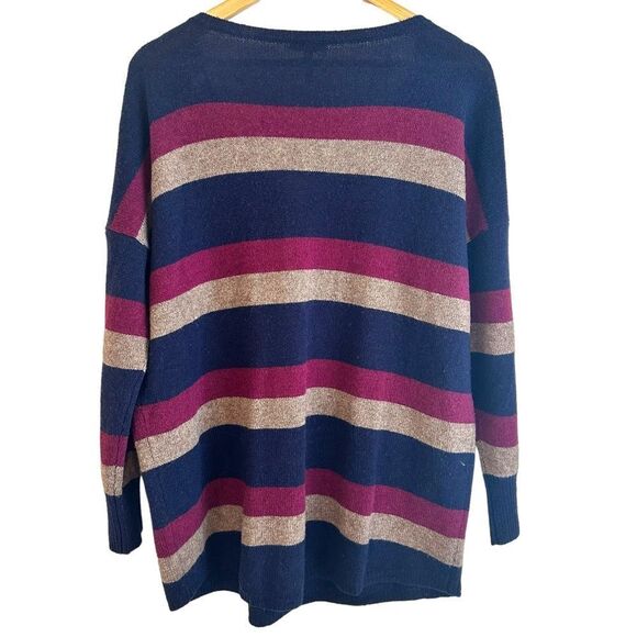 Joie Navy, Maroon, Tan Striped Wool Blend V-Neck Sweater Size Large - Picture 2 of 6